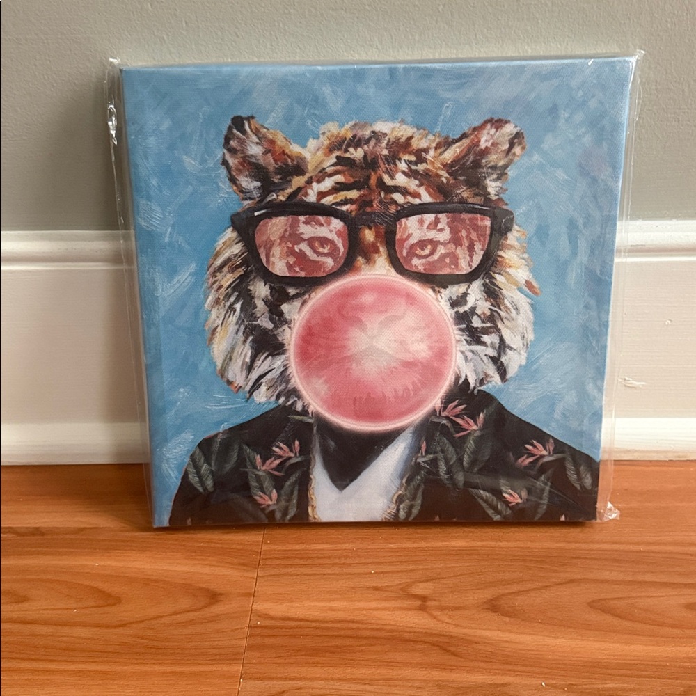 Quirky Tiger with Bubblegum Canvas Art - Pink and Blue